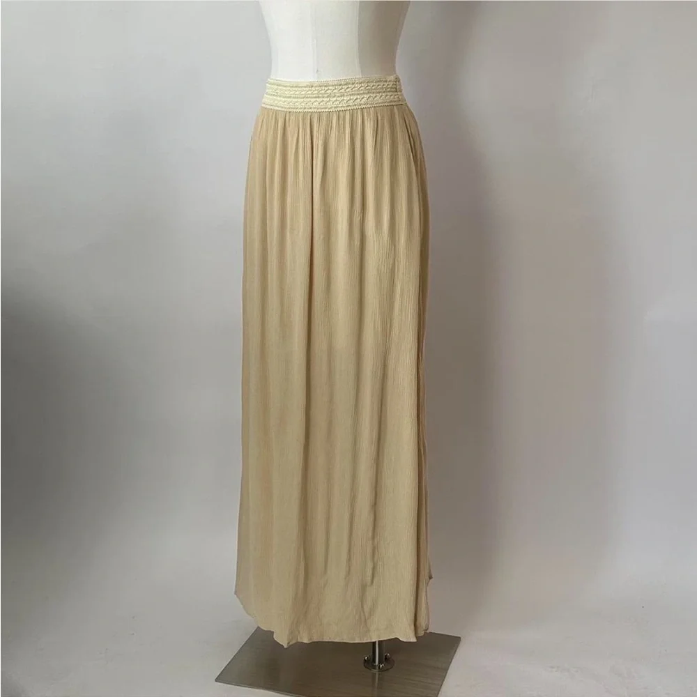 Vintage Active Boho Crinkled Maxi Skirt Crochet Knit Waistband Beige Tan Large - Picture 3 of 10